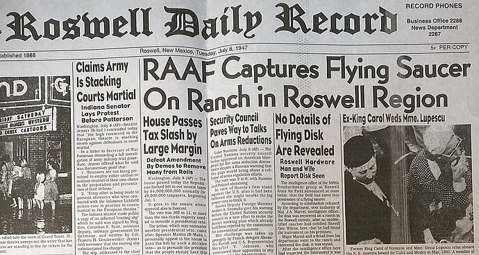 Roswell_Daily_Record._July_8,_1947._RAAF_Captures_Flying_Saucer_On_Ranch_in_Roswell_Region._Top_of_front_page