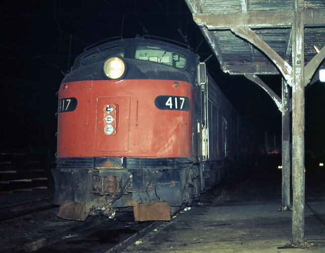 Amtrak E-8 # 417 with Train #41  the Broadway Limited in Harrisburg, PA. Feb 17, 1977