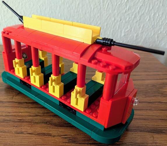 Mister Rogers' Neighborhood Trolley - 6 wide streetcar - real world MOC - front + rear
