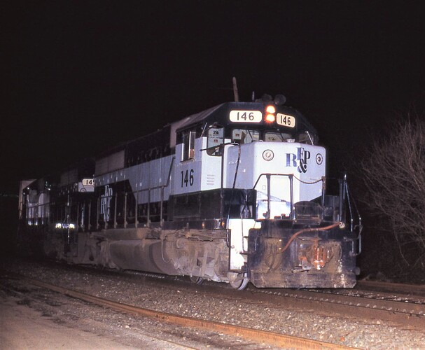 Photo 110. RF&P GP40-2  # 146 eastbound with Tropicana juice train. Spring 1992