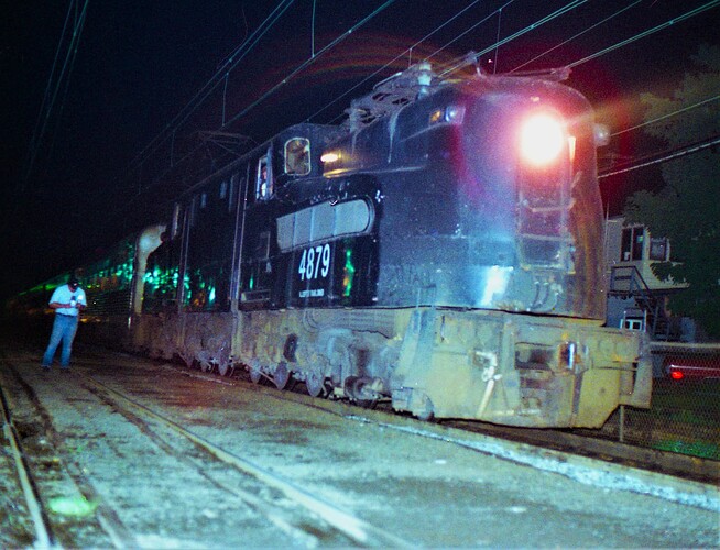 NJT. GG-1 #4879 on NYC bound train at South Amboy, NJ station. 1981