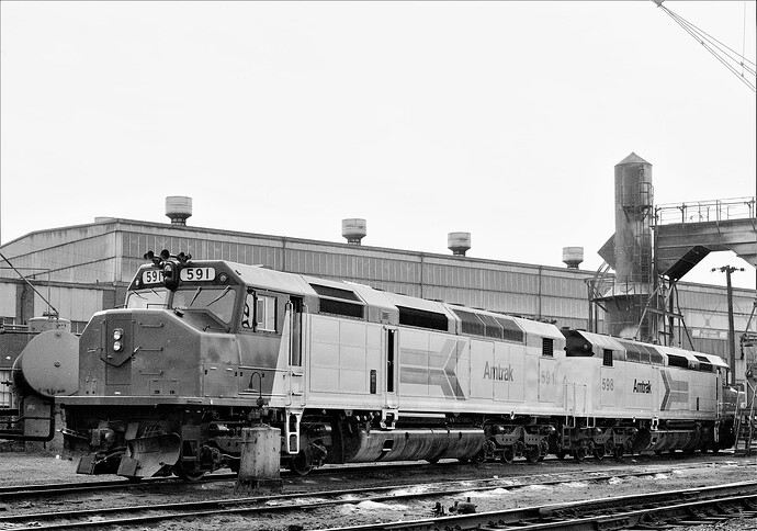 PC-Amtrak SDP-40F #591, #598. Harrisburg, PA. Engine McClay St terminal. June 1974