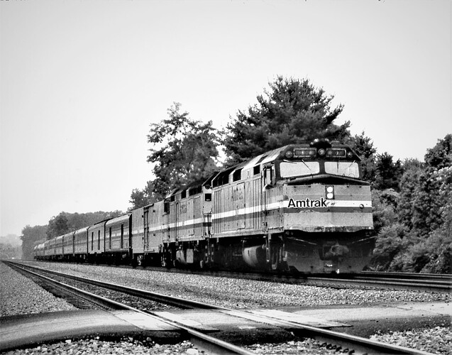 Amtrak. F40PH #307 (blt 5-79) with eastbound National Limited at Cove, PA. July 1986