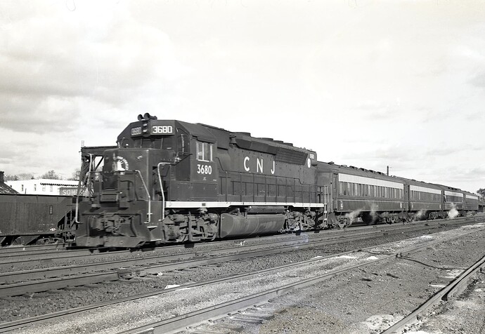 CNJ. GP40-P #3680 west at Bound Brook, NJ. November 1973
