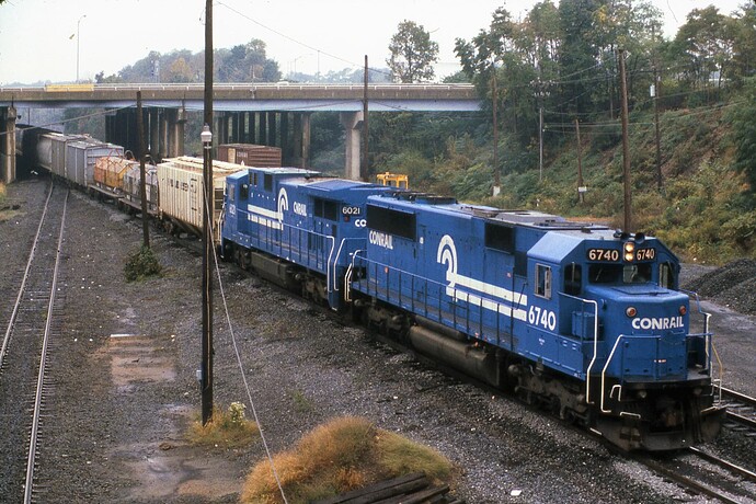 Conrail SD-50 #6740 &  GE C39-8 #6021. Enola, PA yards. August 1987.
