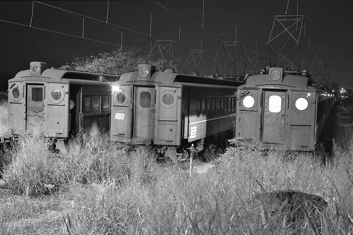 Penn Central MP54 trainsets; South Amboy, NJ. nite shot; Sept. 25, 1973