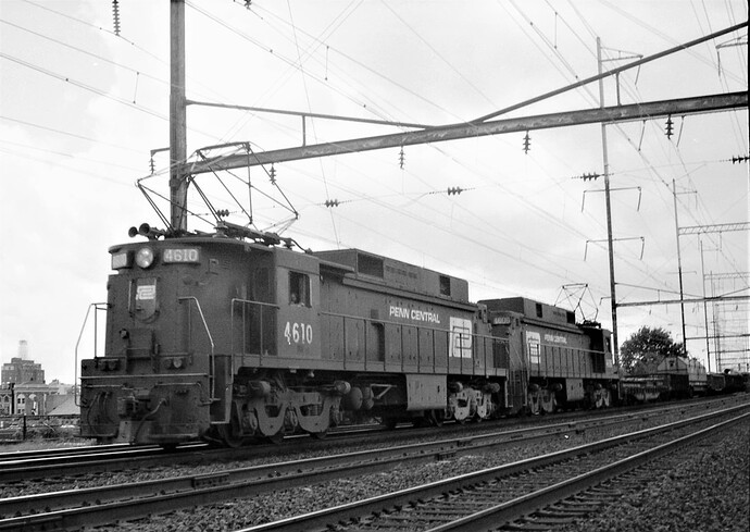 Penn Central E-33 #4610 & #4606 with eastbound freight in June 1975 in New Brunswick, NJ