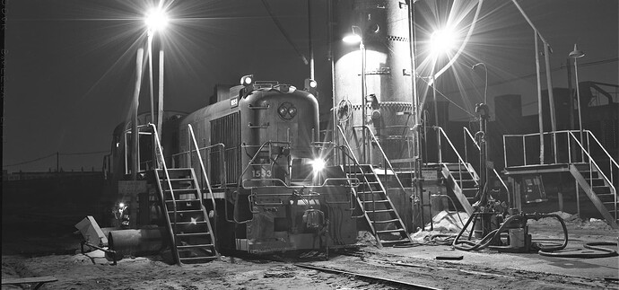 CNJ. RS-3 #1553 at E'Port sand tower. March 1974
