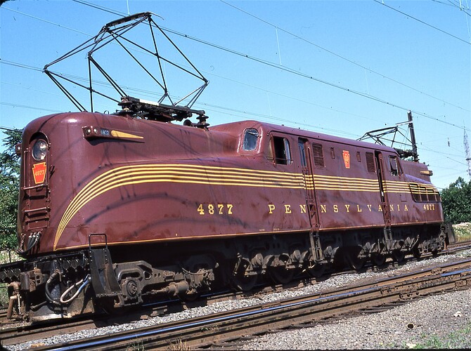 NJT. ex PRR GG-1 #4877. Oct 1983 Matawan, NJ