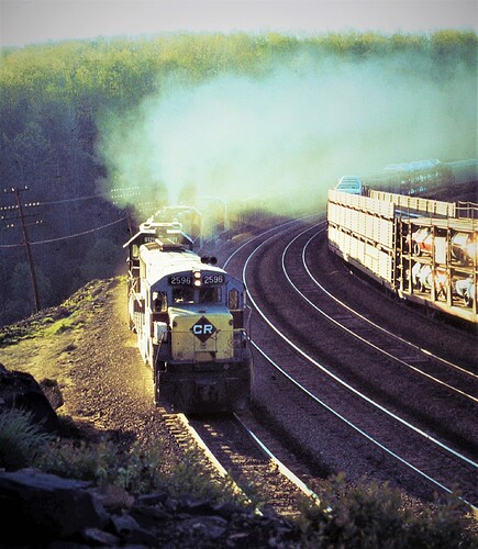 CR. ex Erie-Lackawanna GE (ex EL # 2521 U25B) #2596, ex PC GP38-2 #8121 & others on freight at Benny Curve, PA. 8-16-77