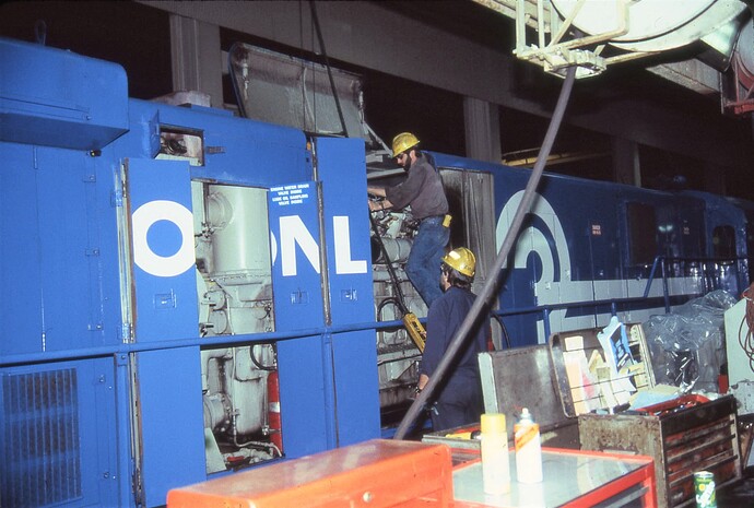 Conrail. A diesel prime mover being worked on. Enola diesel terminal. Enola, PA. May 5, 1986