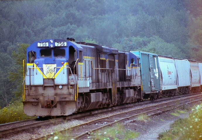 D&H. #756 pushing freight up Belden Hill. Aug 1984