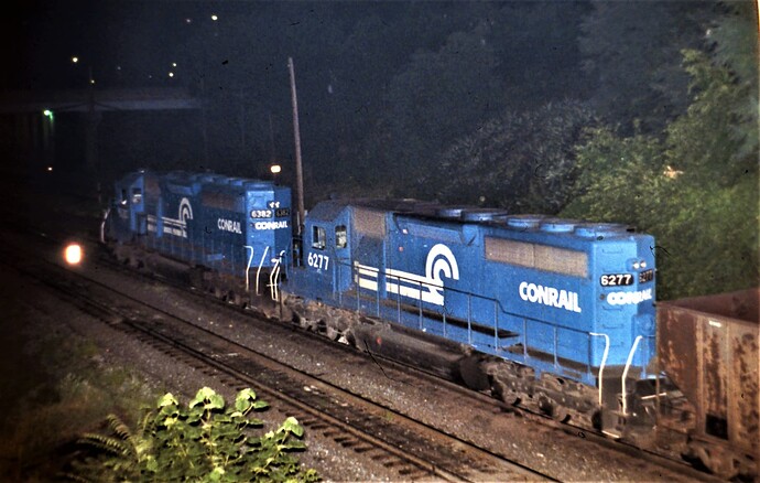 Conrail SD-40 #6382 & #6277 at Enola. PA. Nite shot in Sept 1981.