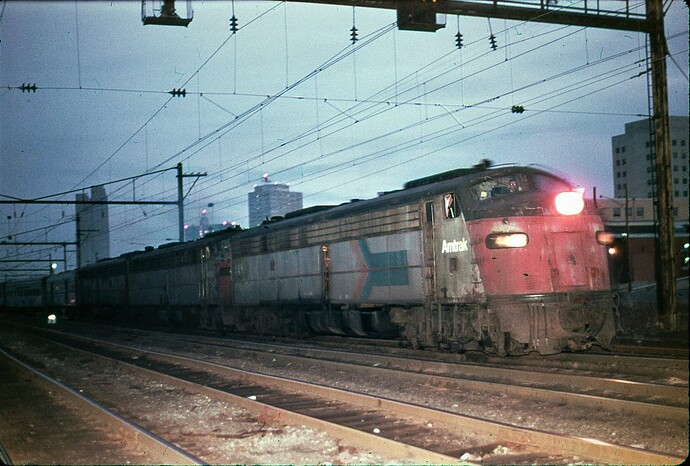 Amtrak. E-8 #440 west with Tr 41 - Broadway Limited. Harrisburg, PA. June 1980