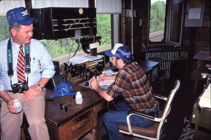 Conrail. MG Tower. New operator Barry Trogu being trained by Robbie Robinson. May 5, 1986