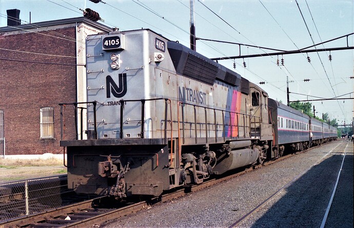 NJT GP-40P # 4105 westbound at South Amboy, NJ station.  July 1981