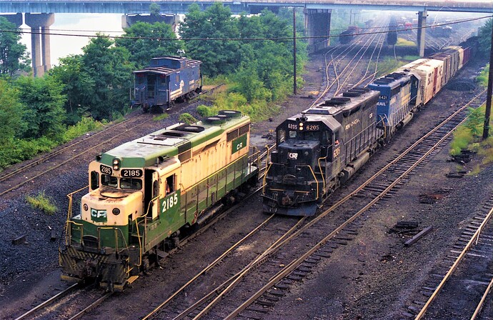 Conrail. Ex Reading GP-30 #2185; ex PC SD-45 #6205 & SD40-2 #6421 at Enola, PA yards. July 24, 1980