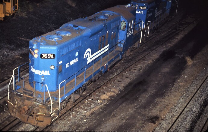 Conrail. Ex. NYC GP-9 rebuilt to a GP-10 #7554 at Enola, PA. October 14, 1988