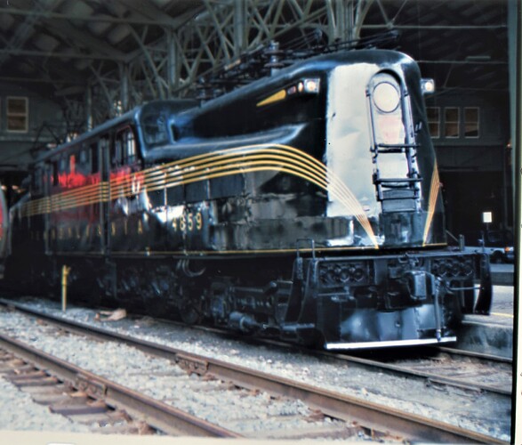 PRR GG-1 #4859 on display at Harrisburg Station in Harrisburg, PA. Around 1990. GG-1 has futura lettering scheme