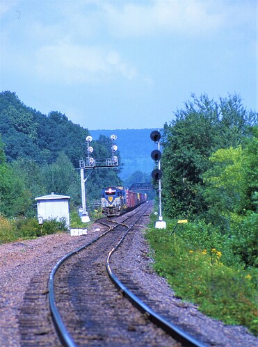 D&H. GP39-2 #7411 and freight at CP UN in Unadilla, NY. Aug 1984
