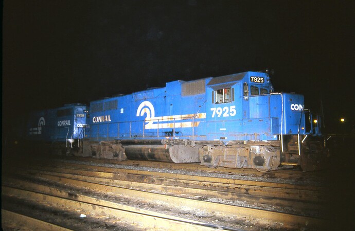 Conrail. GP38-2 #7925 & #7950 at Harrisburg,PA fueling racks. May 1986