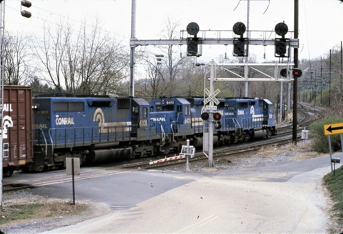 CR. GP40-2 #3396, SD40-2 #6401 & SD40 #6308 at W. Fairview, PA. 3-12-84