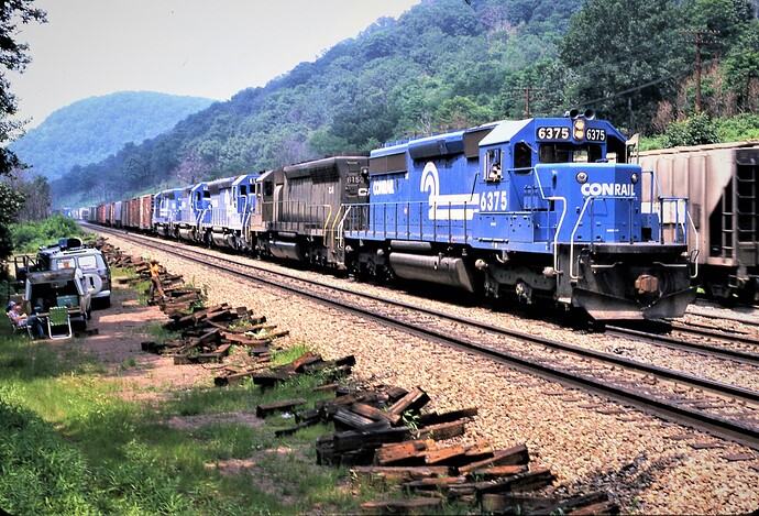 Conrail. SD40-2 #6375, SD45 # 6150 and 3 other units west near Gallitzin, PA. Aug 1978