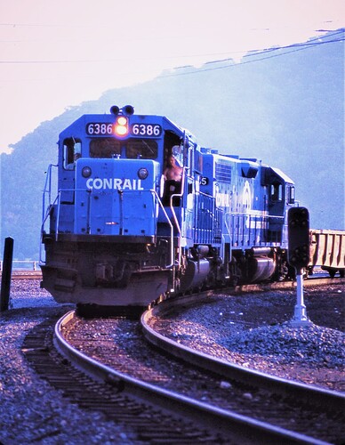 Conrail. SD40-2 #6386 at Rockville Tower heading onto the Northern Central line to Buffalo. July 15, 1986