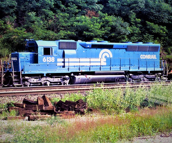 Conrail SD45 #6138 (ex PC, blt 11-66) shoving up Horseshoe Curve on August 17, 1978.