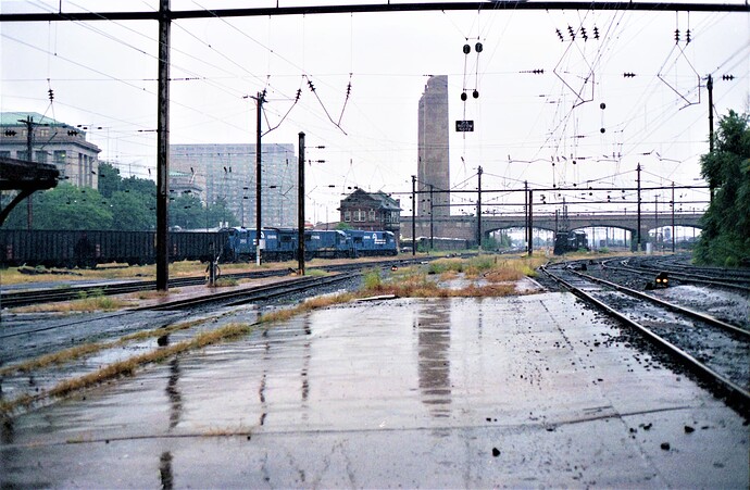Conrail. Harrisburg, PA station looking west. Sept 15, 1979