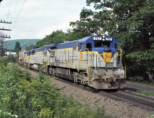 D&H U33-C #757 on freight . New Delhi, NY. August 1977