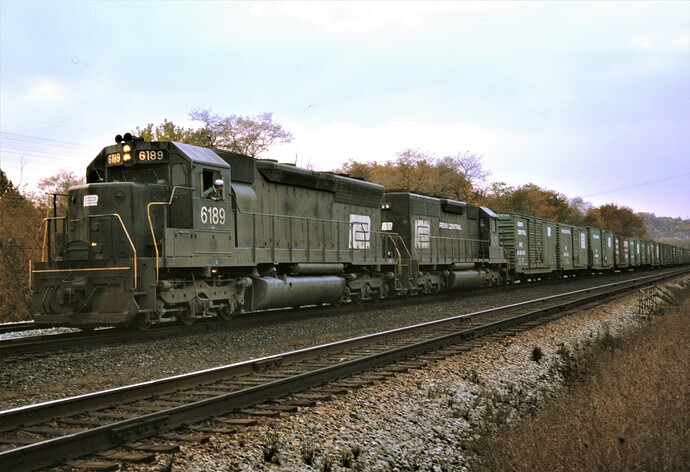 Photo 11. SD-45 #6189 & SD-40 with freight at Jacks Narrows, PA. Oct 1974
