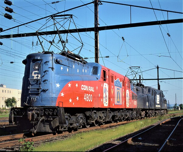 Conrail. GG-1 #4800 & #4886. Location is Harrisburg, PA. July 15, 1976