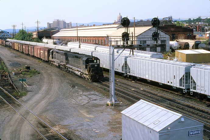 Conrail. SD45 #6182 & #6179, east at CP Works in Altoona, PA. Aug 16, 1977