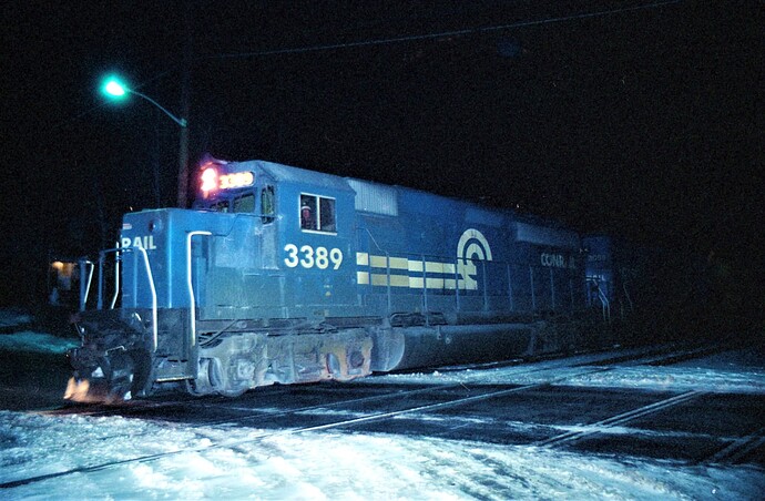 Photo 112. GP40-2 #3389 & ex-NYC & PC GP40 #3058 at Prospect Ave crossing. Piscataway, NJ Feb 1980