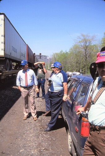 Conrail. The crew at MG Tower.  Guy in white &  blue shirt has speed radar checking train speed. May 5, 1986