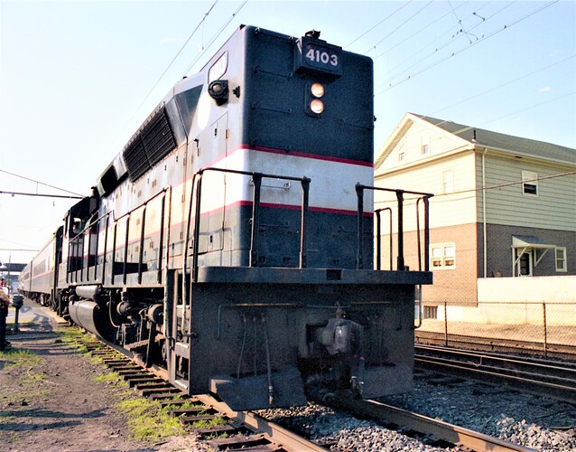 NJT GP-40P # 4103 eastbound at South Amboy, crossing Augusta St. Sept 1981