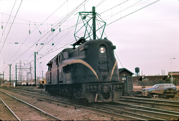 NJT. GG-1 #4880 heading to ready track for next run to NYC. Feb 1979