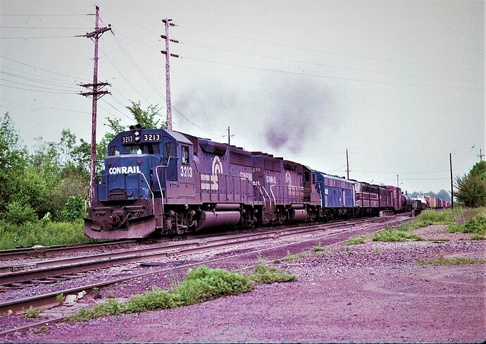 CR. #3213 & 3276 with 3 E-8's head west at South Plainfield, NJ.