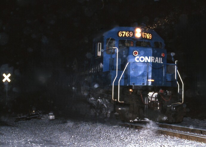 CR. SD-50 #6769 on a snowy night in Dec 20, 1985. Front St, So. Plfd, NJ.