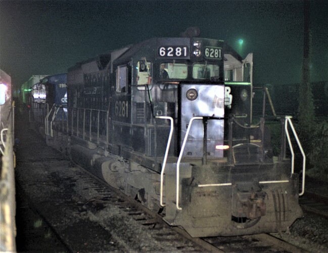 Conrail. SD40 #6281 with a TV train is leaving the  Allentown, PA yards. August 12, 1978