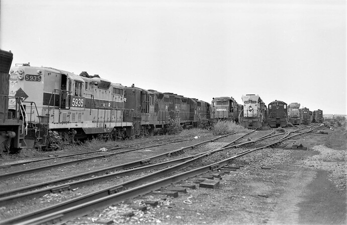 Conrail. Altoona, PA. Engines on scrap line in 1978.