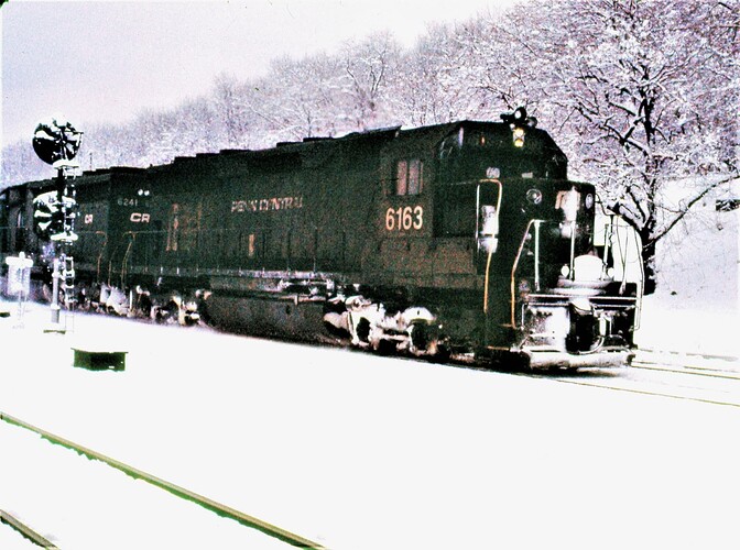 Conrail. ex Penn Central SD-40 # 6163 & # 6241 at Lewistown, PA in the snow in Feb 17, 1977