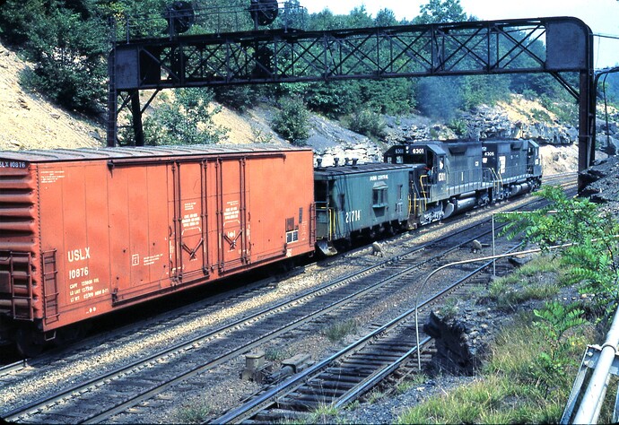 CR.  Ex. PC SD-40 #6301 & #6305 pushing ex PC cab 21714. Benny interlocking Jul 15, 1977