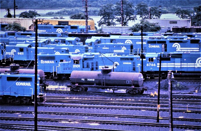 Conrail. Enola, PA yards with a sea of blue. Many different engines. May 1986