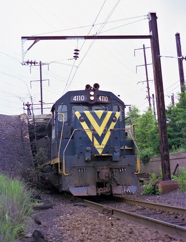 NJT. ex CNJ GP-40P #4110 heading south on the former New York & Long Branch trackage. 1984 at Rahway, NJ