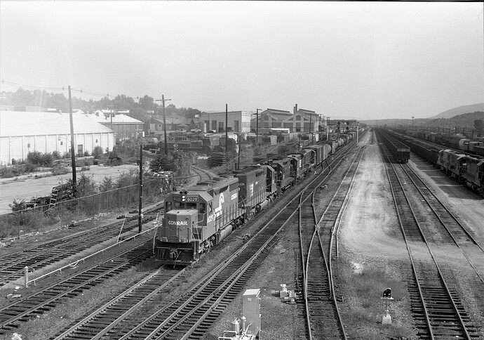 Conrail. SD-40 #6029, #6330 & others. CP Works, Altoona, PA. Aug 16, 1977