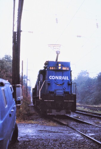 Conrail E-44 #4414 at West Fairview, PA in the rain. Sept 15, 1979