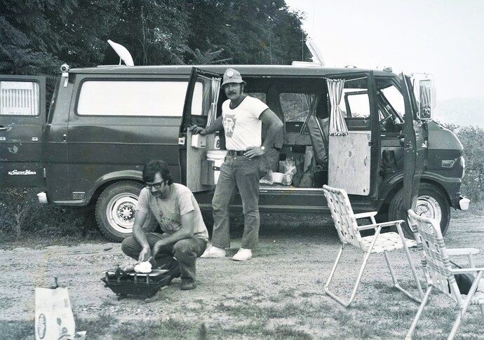 CR. Ed Kaspriske & Barry Trogu cooking dinner at Enola, PA. July 15, 1976