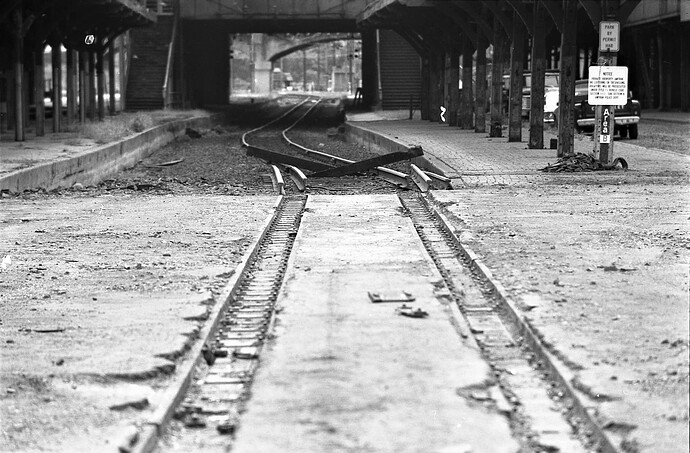 Amtrak. Abandoned track in Harrisburg, PA station. August 1977